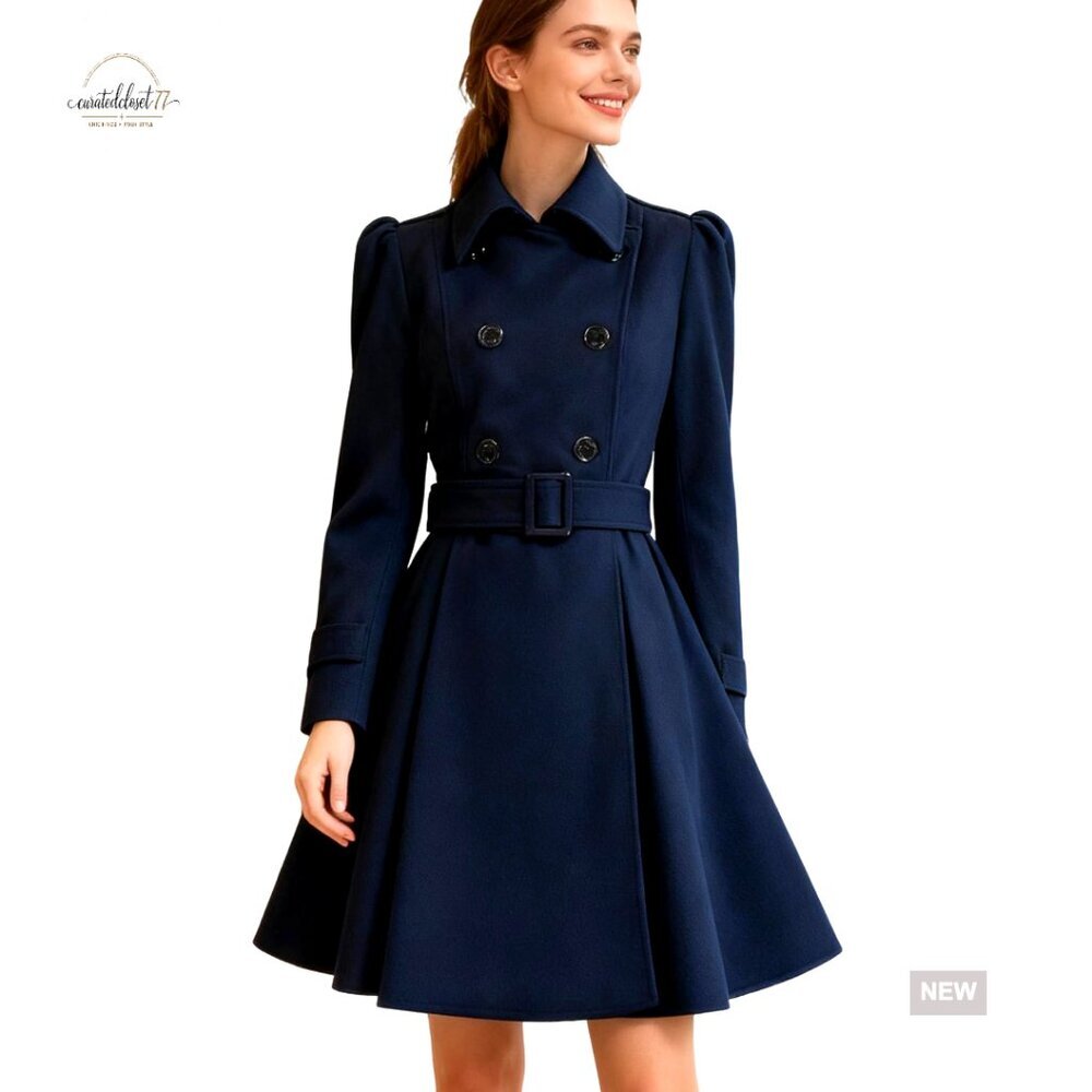 Wool Pea Coat Classic Double Breasted Belted Swing Fit Mid-Length Elegant